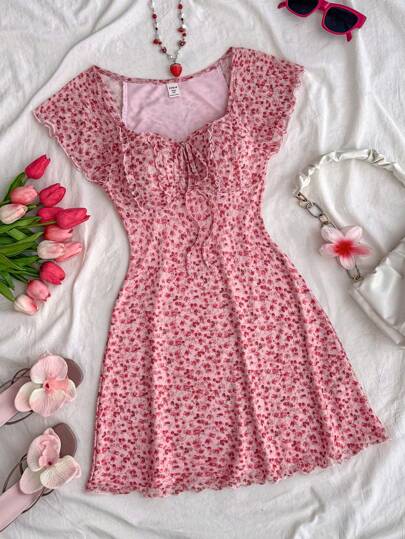 SHEIN Teen Girls Vacation Fitted Short Crew Neck Knit Floral Print Dress