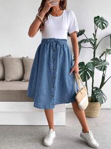 SHEIN Maternity Solid Color Simple Stylish Skirt, Suitable For Summer - Blue - View 3