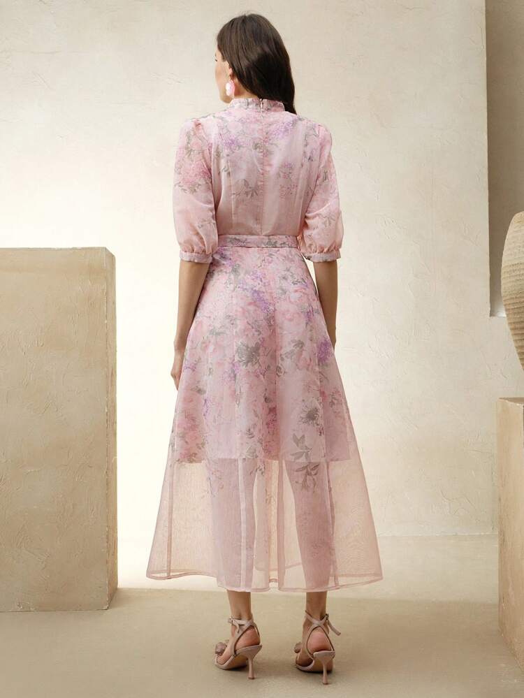 Floral Print V-Neck Belted Maxi Dress, Elegant Court Banquet, Wedding Guest, Festival, Holiday, Vacation, Party, Casual Dress For Women, Summer