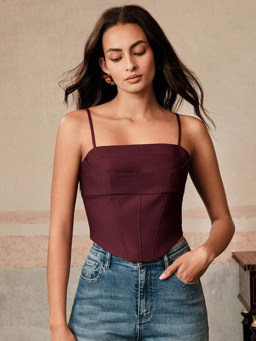 Anewsta Elegant Slimming Ribbed Spaghetti Strap Camisole Top In Burgundy, Fishbone Design, Suitable For Vacation And Various Occasions - Burgundy - View 1