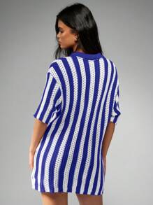 MISSGUIDED 条纹钩针纽扣开衫毛衣夏季海滩罩衫度假服短袖假日家居服 - 藍色 - 查看 2