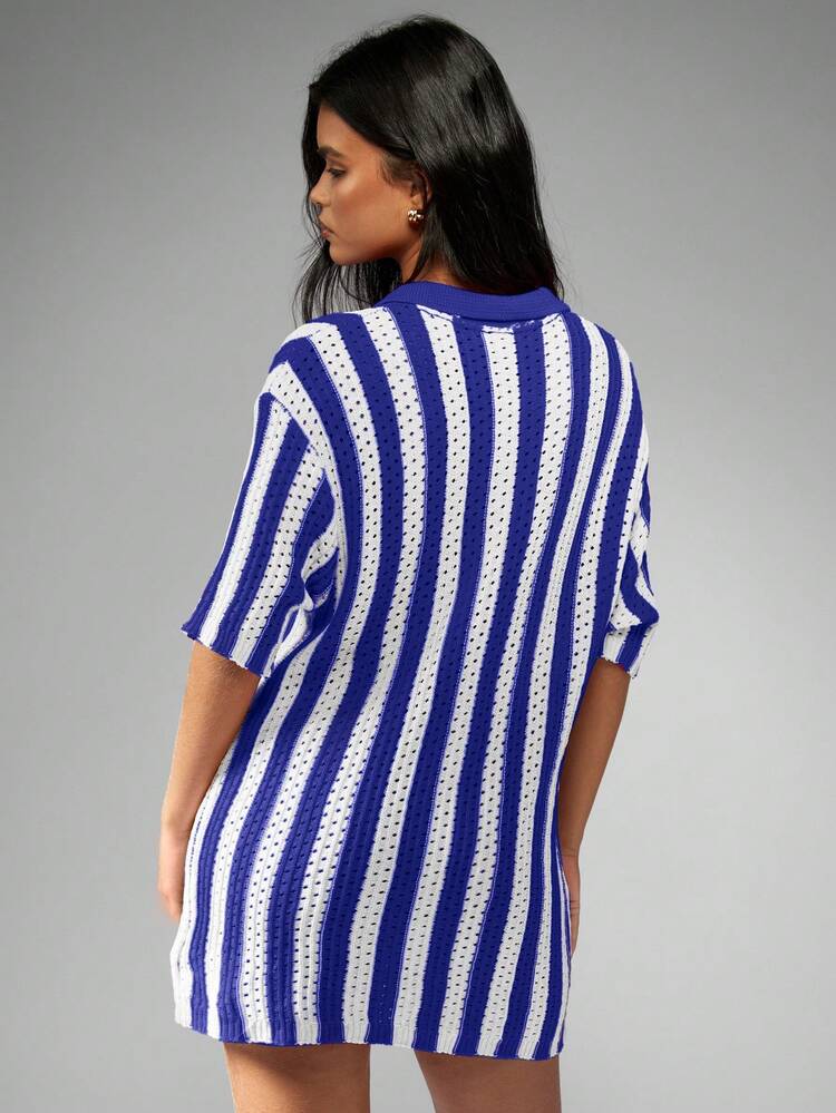 MISSGUIDED Striped Crochet Button Down Cardigan Sweater Summer Beach Cover Up Resort Wear Short Sleeve Holiday Loungewear