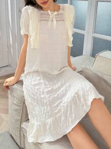 Côtesoire 蕾丝拼布方领提花荷叶边下摆长款睡袍 - 杏色 - 查看 6