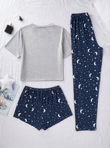 SHEIN Bộ 3 món/Bộ áo thun tay ngắn in hình sao và mặt trăng, quần short và quần dài Pyjama, thường ngày - Nhiều màu - Xem 2