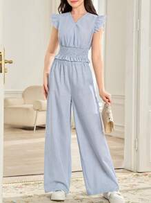SHEIN Teen Girls 2pcs Set: Comfortable Woven Blue And White Striped Cap Sleeve Blouse And Elastic Waist Wide Leg Pants, Casual Daily Wear, Beach/Resort Vacation