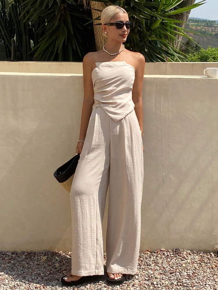 2pcs Women Textured Solid Tube Top And Pants Set, Spring/Summer