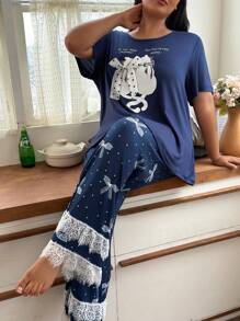 SHEIN Conjunto informal de 2 piezas de pantalones cortos con camisa de manga corta, con lentejuelas en forma de gato, lunares y lazo, de tela de seda de leche suave y confortable, de talla grande y corte holgado