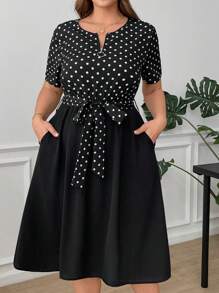 SHEIN Clasi Plus Size Women's Polka Dot Print Patchwork Zipper Casual Black And White Summer Elegant Everyday Dress,Solid Color Gown,Business Work Clothing - Black and White - View 6