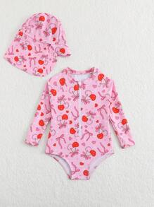 Girls' Infant Cherry Bow Print One-Piece Swimsuit (Includes Swim Cap), Random Print - Multicolor - View 5