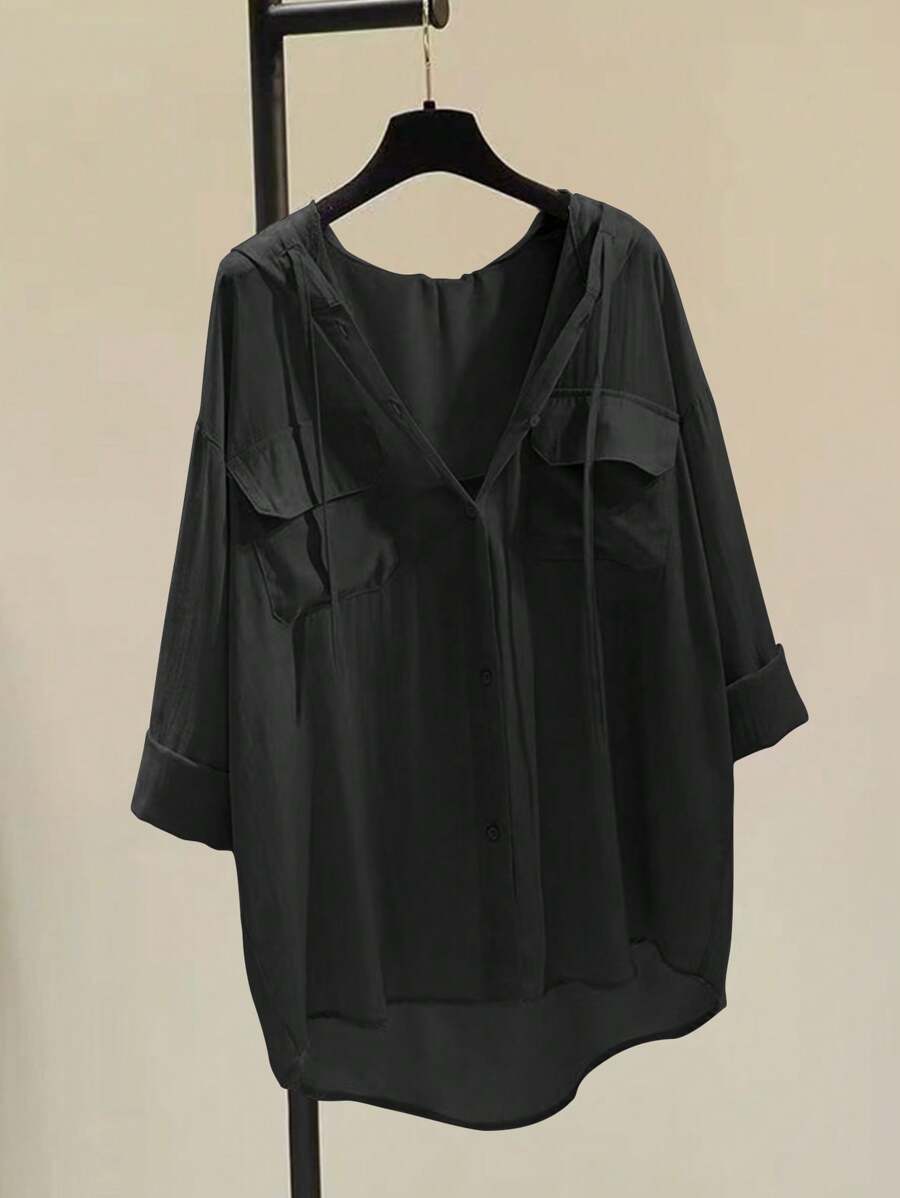 INAWLY Women's Solid Color Simple Daily Long Sleeve Shirt, Drawstring Hooded Blouse,Long Sleeve Tops Fall Cloth For Women - Black - View 1