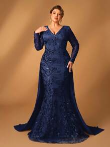 Serin Plus Size Women's Elegant Luxurious Sparkling Sequin Fabric V-Neck Mid-Sleeve Mermaid Long Hem Patchwork Chiffon Flowy Dress, Suitable For Wedding, Gala, Party, Formal Mother Of The Bride Dress