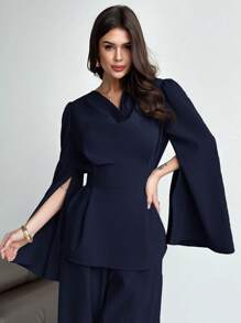 Firerie 2 件套女式系带长袖衬衫上衣和美人鱼下摆裙套装，开衩长袖衬衫 + 美人鱼长裙套装，优雅/通勤/休闲/商务/度假/职业装 - 藏蓝色 - 查看 5