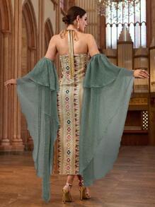 Al Najma 女士花卉印花挂脖式优雅阿拉伯连衣裙 - 綠色 - 查看 2