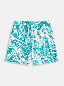 TOM & JERRY X SHEIN 1 件男士绿白夏季度假卡通图案抽绳腰沙滩短裤，夏威夷风