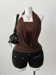 Sweetra 大码女式露背高弹力优雅度假、约会、派对衬衫 - 咖啡棕 - 查看 4