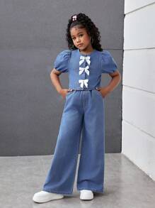 Firerie Kids Firerie Kids Conjunto de top con botones y volantes en las mangas y pantalones vaqueros anchos y sueltos para niñas preadolescentes, ideal para primavera y verano, atuendos casuales versátiles para conciertos, festivales, brunch de verano, iglesia, graduación y regreso a la escuela - Azul lavado medio - Ver 5