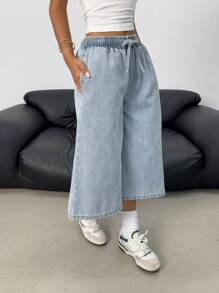 SHEIN 少女Y2K时尚浅色水洗宽松弹力抽绳腰牛仔阔腿裤，夏季海滩波西米亚风度假短裤，夏季音乐会节日休闲派对，女孩夏季早午餐教堂毕业典礼 - 淺色水洗藍 - 查看 4