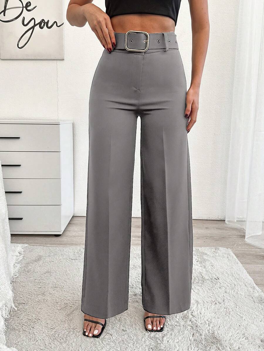 EURMUSE Women's Solid Color Belted Elegant Press Crease Office Pants Grey Autumn - Grey - View 1