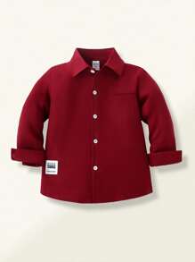 SHEIN Young Boy Casual Comfortable Solid Color Long Sleeve Shirt, Featuring Delicate Logo Decor, Paired With Casual Pants, Suitable For Everyday, Travel, Party, Holiday, And School, Versatile Design For Spring And Autumn