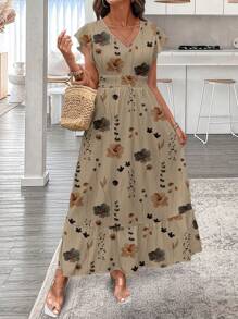 SHEIN LUNE Vestido línea A con mangas de campana, recogido en la cintura y bajo con volantes, vestido maxi casual elegante de estampado de leopardo retro, adecuado para primavera/verano, vestidos de playa para mujer, ropa bohemia, vestidos de verano para mujer - Multicolor - Ver 4