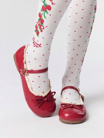 Kawaii Women's Red Mary Jane Loafers, Closed Toe, Bow Lace Lolita Ballet Flats