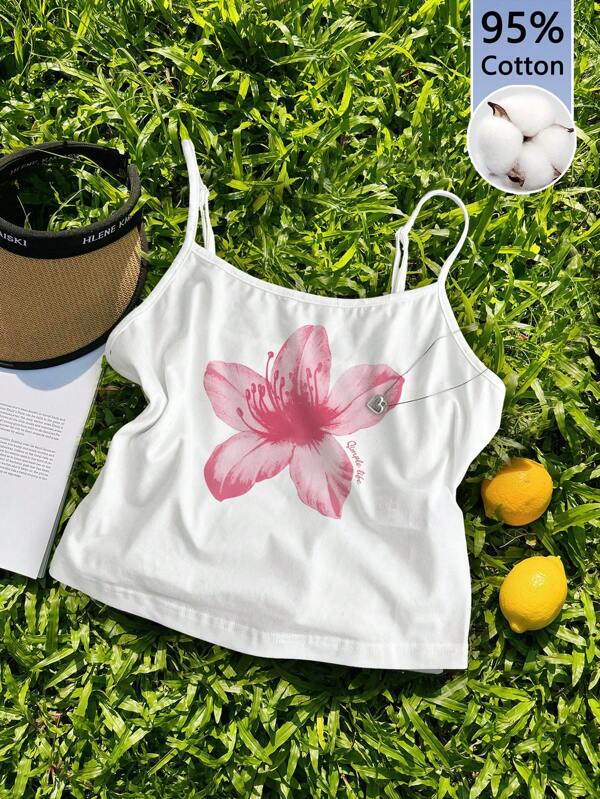 Tseoso Pink Tropical Floral Pattern Tank Top, Soft, Comfortable, Tight-Fitting 95% Cotton Blend, Suitable For Spring And Summer