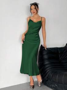 SHEIN PETITE Solid Color Swing Collar Long Satin Satin Suspender Dress Suitable For Dates,Bodycon Dress - Dark Green - View 4
