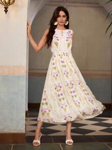 ZEYLAH Váy dài không tay họa tiết hoa cho nữ, váy đi nghỉ - Nhiều màu - Xem 6