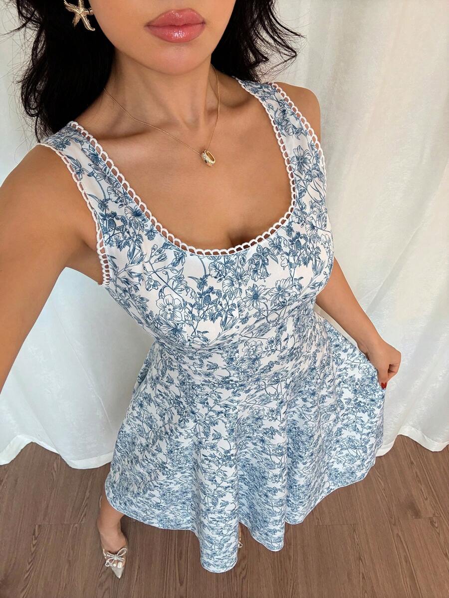 SHEIN Clasi 女士方领收腰修身喇叭形田园风甜美休闲连衣裙，夏季