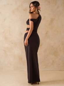 SHEIN BAE Women's Elegant Asymmetric Metal Embellished Maxi Dress,Suitable For Party Gatherings And Daily Commuting Wear, Vacation Outfits Woman,Summer Dress Vacation,Summer Dresses For Women,Tea Party Dress - Brown - View 6