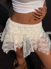 Teen Girls Lace Hem Ruched Asymmetrical Hem Skirt, Built-In Faux Sheer Shorts Lining