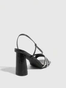 CUCCOO SZL Sandalias de tacón alto sexy para mujer con decoración de rhinestones y tacón grueso cuadrado 2025 - Negro - Ver 5