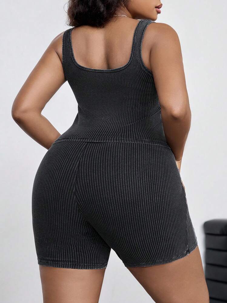 Dripcurv Plus-Size Black Ribbed Crew Neck Sleeveless Top And Shorts Two Pieces Set, Summer Sporty Style. - Black - View 2