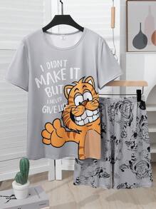 2 件套青少年男孩灰色基础款虎纹印花短袖上衣和短裤休闲家居服套装 - 灰色 - 查看 3