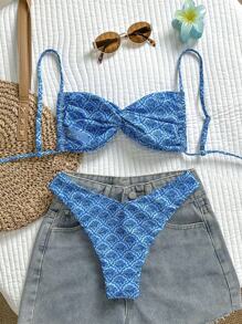Swim Mod Springbreak Women Printed Spaghetti Strap Twisted High Cut Sexy Bikini Set, Beachwear Summer Outfits - Multicolor - View 2
