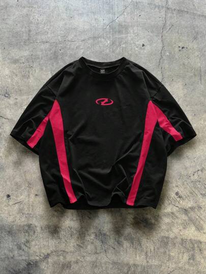 AXEPEAK Erkek Örgü Moda Rahat Bol Kısa Kollu Tişört Patchwork Tasarım, Yaz, Sokak Giyiminden Esintili