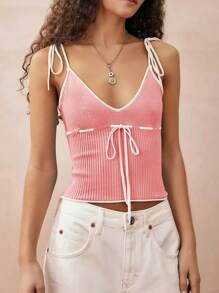 Chiquease خزرة نسائية بحمالات بلون متباين وربطة، بلا أكمام، بناية رقيقة محبوكة للربيع والصيف - متعدد الألوان - مشاهدة 1