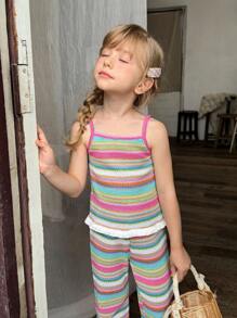 SHEIN Conjunto informal de top de tirantes de colores y pantalones largos a juego para niña, estilo animado y lindo, adecuado para juegos al aire libre, uso cómodo en casa, ejercicio relajado
