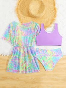 Tween Girls Random Print 3 PiecesTankini/Swimsuit Young Girl Summer Outfits Young Girls Sets Summer Clothes Set Summer Sets For Girls Summer Girls Sets - Multicolor - View 2