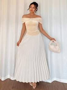 SHEIN Unity Delicate & Elegant Bowknot Off-Shoulder Pleated Maxi Dress - Apricot - View 5