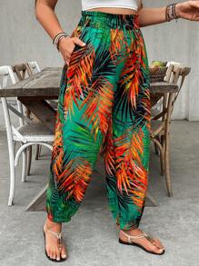 SHEIN VCAY 大码休闲数码树叶印花慢跑裤 - 彩色 - 查看 6