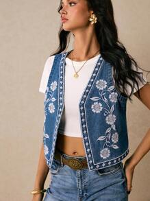 Poéselle 女式花卉刺绣牛仔背心，蓝色波西米亚风女式牛仔夹克，时尚前开式牛仔夹克，Y2k 乡村音乐会可爱夏季上衣，节日，外出，复古，秋季 - 中等水洗藍 - 查看 2