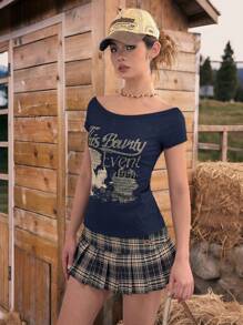 SHEIN EZwear Summer Navy Blue Printed Knit Off Shoulder Tee