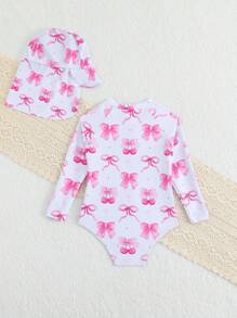 Girls Baby/Infant One-Piece Swimsuit With Random Print Design, Includes Hat - Multicolor - View 2