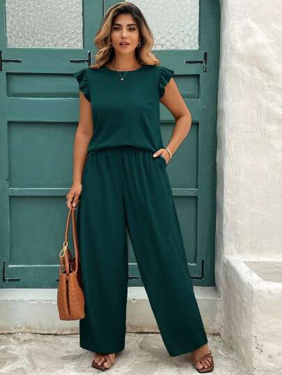 SHEIN Clasi Set de 2 piese pentru femei, primăvară/vară, cămașă kaki cu mânecă scurtă și pantaloni cu talie elastică, ținută elegantă de zi cu zi pentru mărimi mari