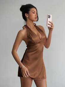 Aloruh Women's Neck Tie Elegant Mini Dress