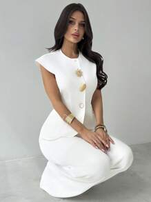 Firerie 女士优雅精致日常通勤时尚金属纽扣装饰泡泡袖修身白色衬衫 - 白色 - 查看 4