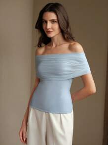 Anewsta Elegant Off-Shoulder Mesh Splice Fitted Waist Blouse Top For Women