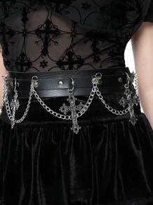 ROMWE Grunge Punk 1 件女士链条腰带和裤腰带，黑色单层链条十字装饰哥特风格链条腰带，百搭连衣裙配饰，万圣节 - 黑色 - 查看 3