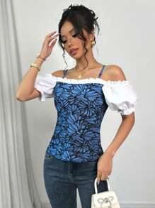 Breezaya Women Resort Floral Print Off Shoulder Puff Sleeve Blouse - Blue - View 5